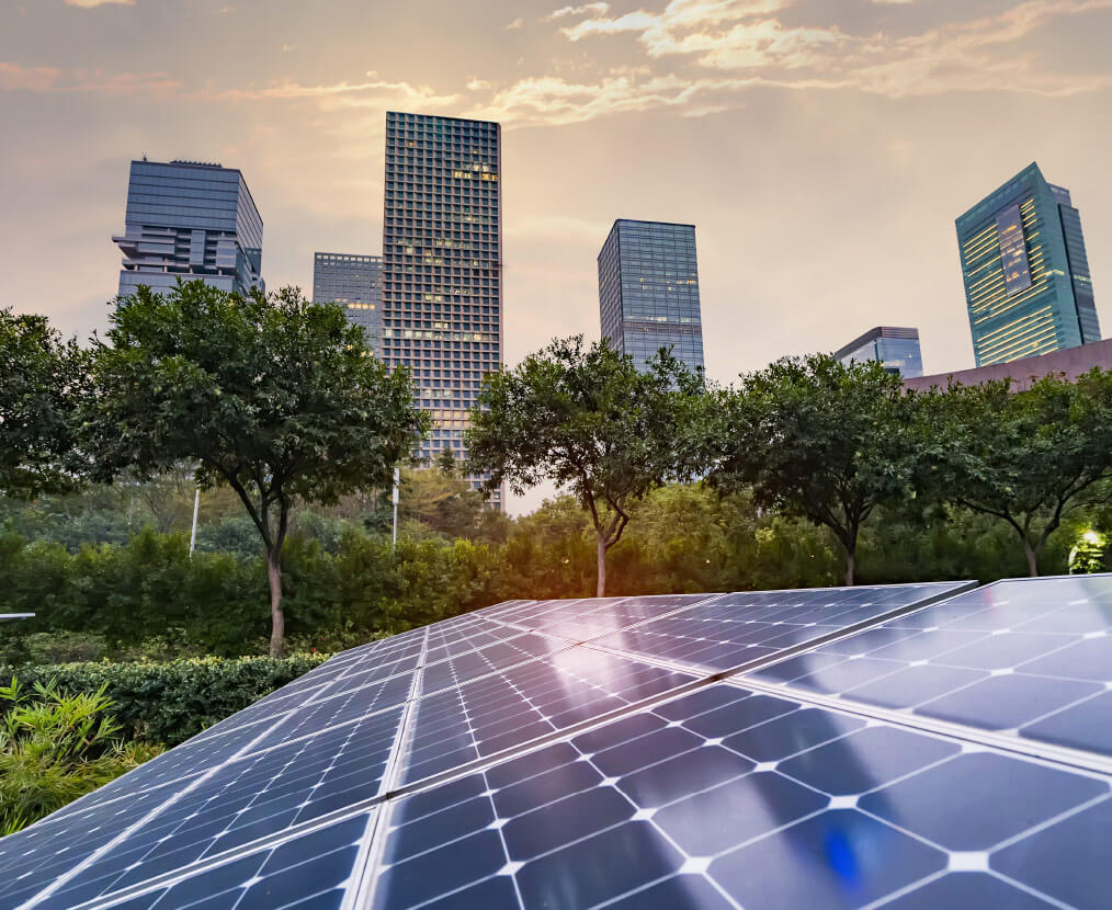 solar energy and skyscrapers in a city