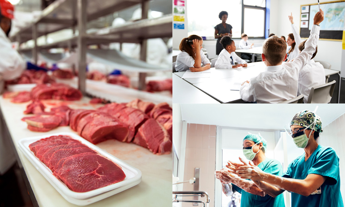 Clean Classroom, Kitchen And Healthcare Collage